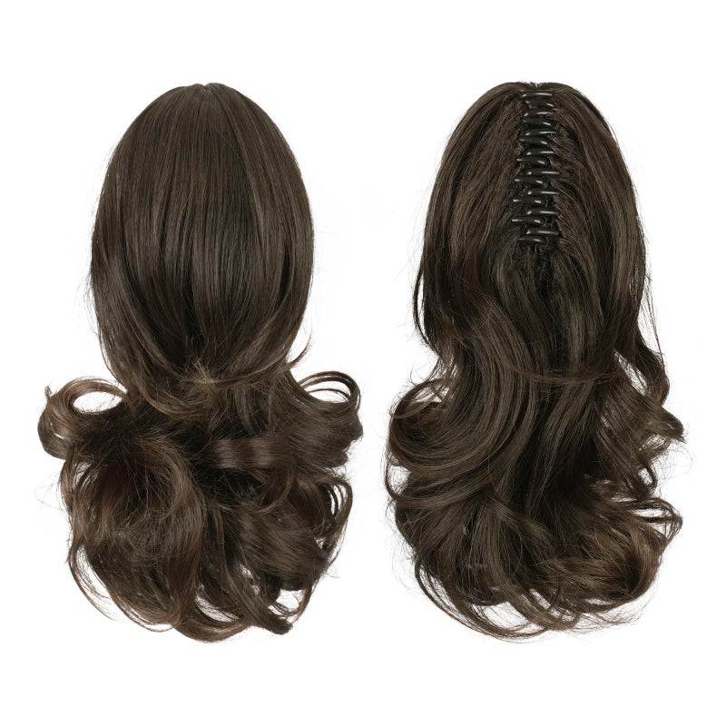 SOFEIYAN 13" Ponytail Extension Long Curly Ponytail Clip in Claw Hair Extension Natural Looking Synthetic Hairpiece for Women, Black/Medium Chestnut Brown Mix - Image 2